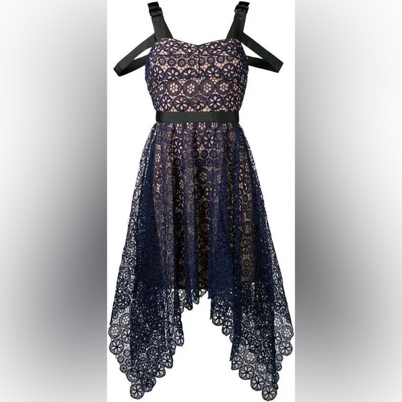 NWT Self-Portrait Circle Blue Navy Lace Asymmetric Hem Midi Cocktail Dress Sz 6 - Picture 9 of 9
